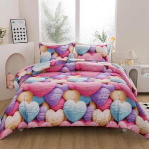 Caressma Heart Print Comforter Set Full Size, Stereoscopic 5D Lovely Teens Romantic Comforter for Girls and Boys, Colorful Cute Heart Pattern Bedding Comforter Set for All Seasons with Pillow shams