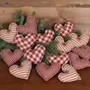 Soulchen 12 Pcs Valentine's Day Heart Ornaments Vintage Fabric Stuffed Heart Hanging Ornaments Rustic Red Buffalo Plaid Hanging Decor with Button for Tree Farmhouse Anniversary Wedding Party, 3 Style