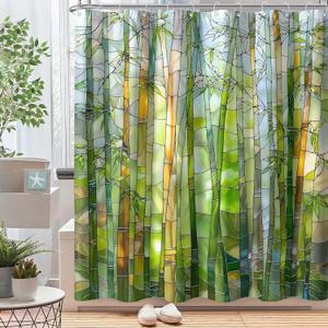 Green Plant Stained Glass Shower Curtain for Bathroom Waterproof Modern Flower Nature Themed Bathroom Decor Polyester Fabric 72 x 72 inch with Hooks(Green)