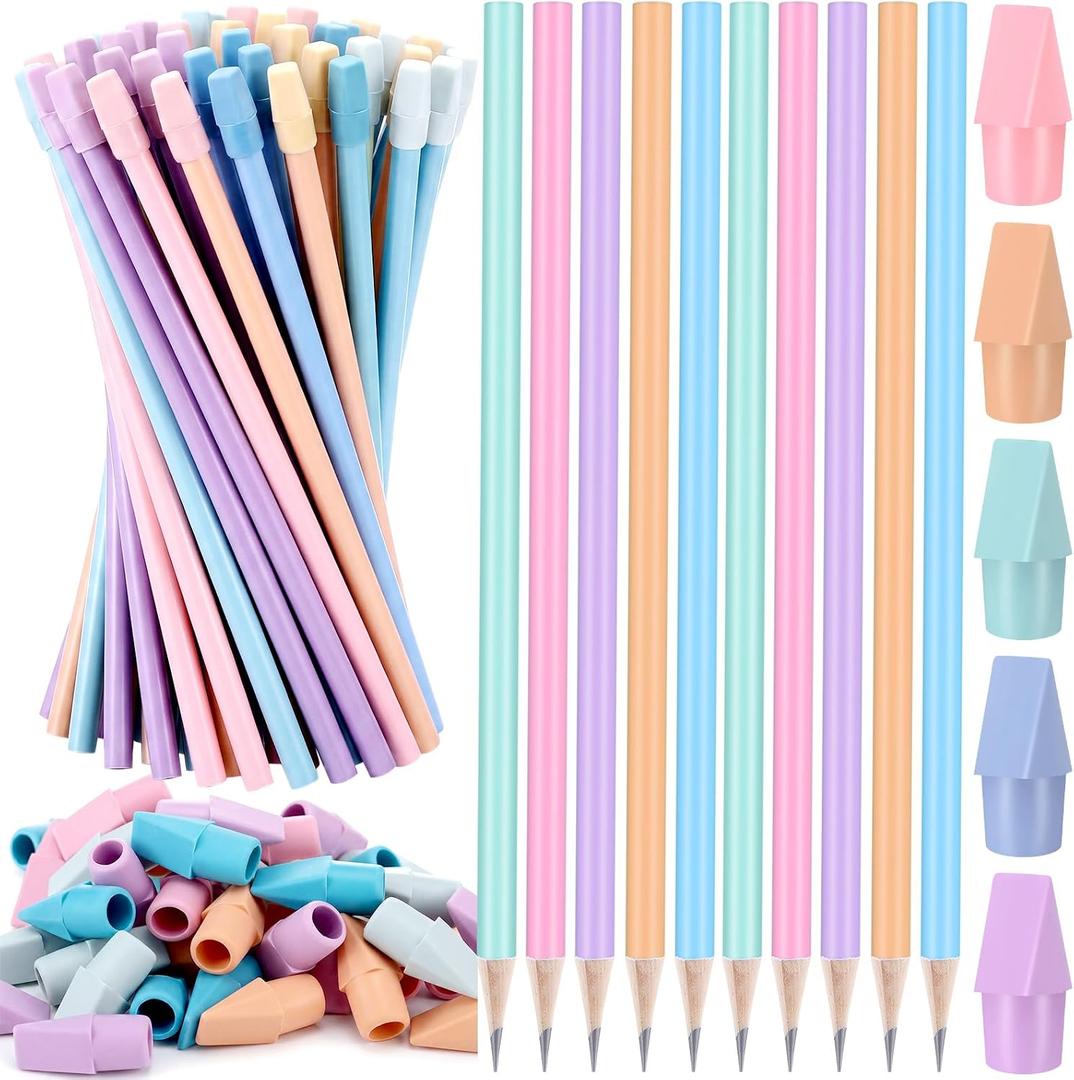 ReliThick 100 Pcs Pastel #2 HB Pencils with Erasers Caps Set, 50 Macaron Unsharpened Pencils Bulk and 50 Matching Top Erasers for Back to School Teacher Classrooms Writing Drawing Reward Supplies