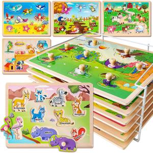 SYNARRY Wooden Puzzles for Toddlers 1-3, 6XSET Animals Puzzles for Toddlers 2-4 with Rack, Toddler Puzzles Ages 2-4, Toddler Valentines Day Easter Basket Stuffers Gifts Toys for Boys Girls
