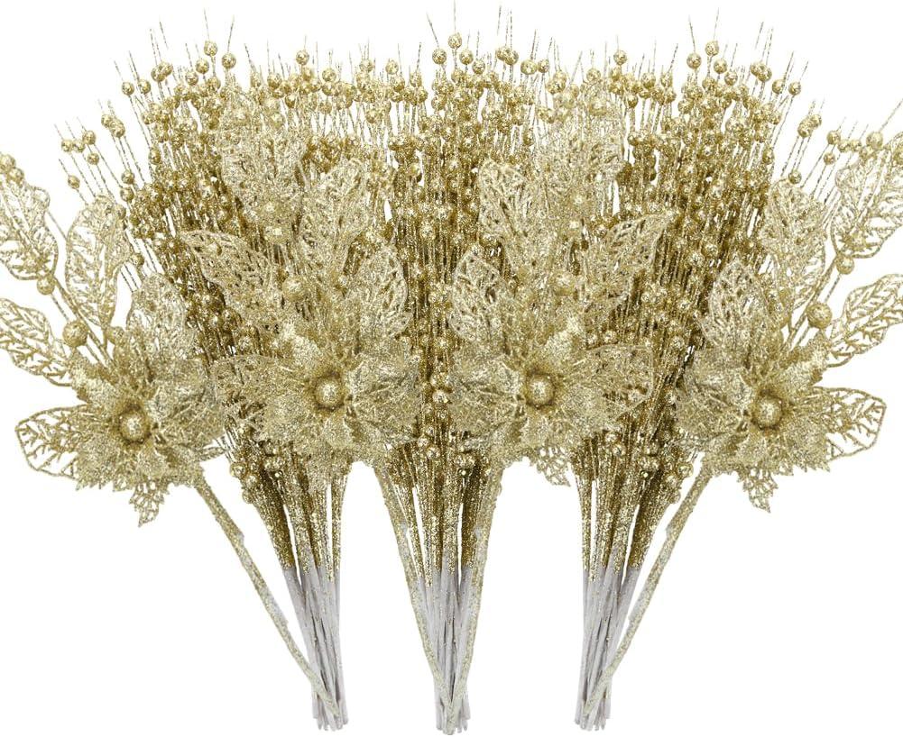 ROSELEAF 28 Pack Artificial Glitter Berry Stem Ornaments, Gold Christmas Ornaments Flower Branches Picks for Xmas Tree Decoration Gift Decor Small Vase Home Holiday Wedding Party Decor