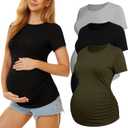 MIRAZEN 3 Pack Womens Maternity Shirts - Crew Neck Maternity Top Short Sleeve Pregnancy Tee Shirts, Black/Light Grey/Army Green, Small