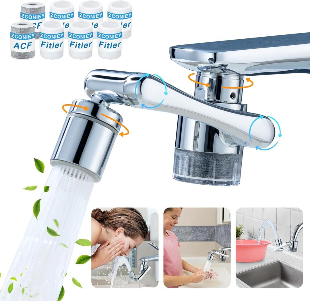 1080Swivel Filter Faucet Extender Aerator - 8 Pcs Replacement Water Filter, 1080+360Rotating Robotic Arm 2 Mode Splash Filter, Solid Brass Faucet Sprayer Universal For Bathroom Kitchen Laundry Sink