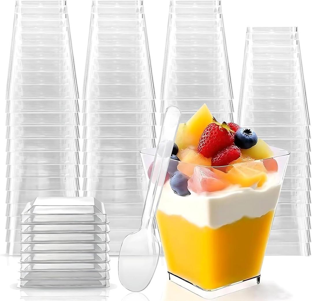 Rouceyxin 50 Pack 5 oz Plastic Dessert Cups with Lids and Spoons, Yogurt Parfait Appetizer Cup with Lids for Party, Clear Mini Dessert Shooter Cups for Pudding Fruit Trifle Ice Cream