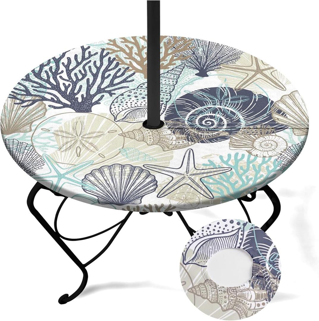 Coastal Beach Round Outdoor Tablecloth with Umbrella Hole, Plaid Fitted Table Cover with Zipper, Waterproof Windproof Umbrella Table Cloth with Elastic(36''-44'')