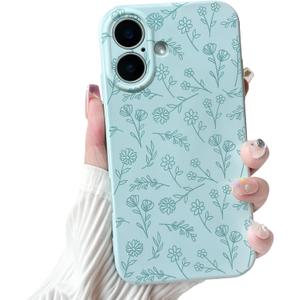 NITITOP for iPhone 16 Case Cute Flower Floral Leaves - Blue | Aesthetic, Flower branch, For girls women, Slim fit, Soft TPU, Shockproof, Protective, Waterproof