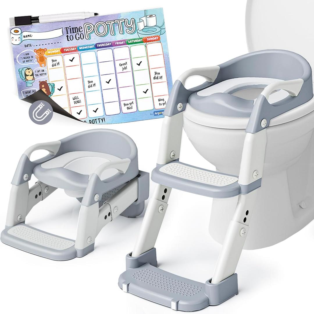 3-in-1 Potty Training Seat, Toddler Toilet Seat with Step Stool Ladder, Toddler Potty Chair for Boys Girls, Foldable with Splash Guard and Anti-Slip Steps, with A4 Size Magnetic Weekly Chart (Gray)