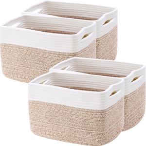 Set of 4 Rope Basket for Shelves Woven Rectangle Storage Basket Bins for Nursery Toy Storage for Baby Girl (Brown)