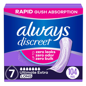 Always Discreet Adult Incontinence Pads for Women, Ultimate Extra Absorbency, Long Length, Postpartum Pads, 104 Count (4 Packs of 26)