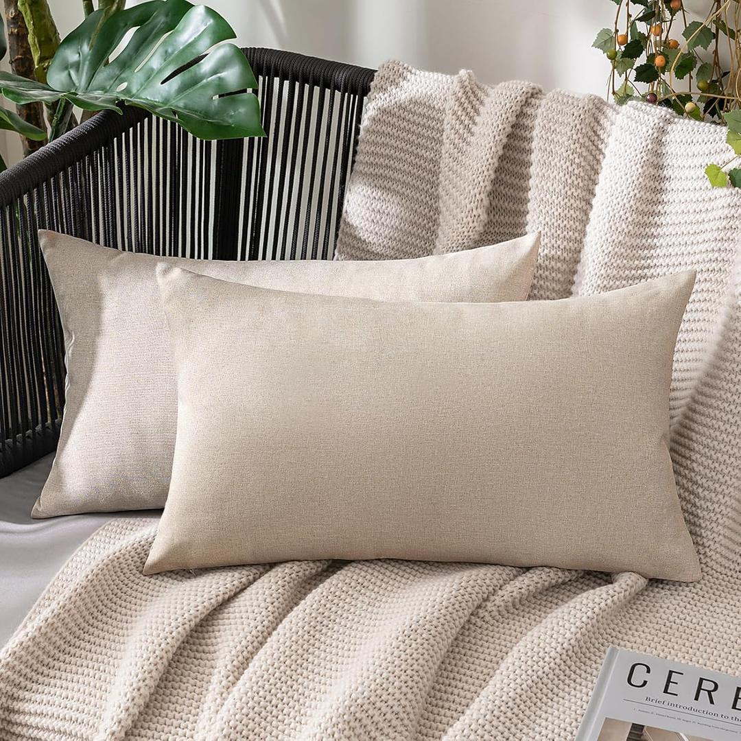 MIULEE Pack of 2 Decorative Outdoor Solid Waterproof Throw Pillow Covers Faux Linen Garden Farmhouse Cushion Cases for Patio Tent Balcony Couch Sofa 20x12 Inch Beige