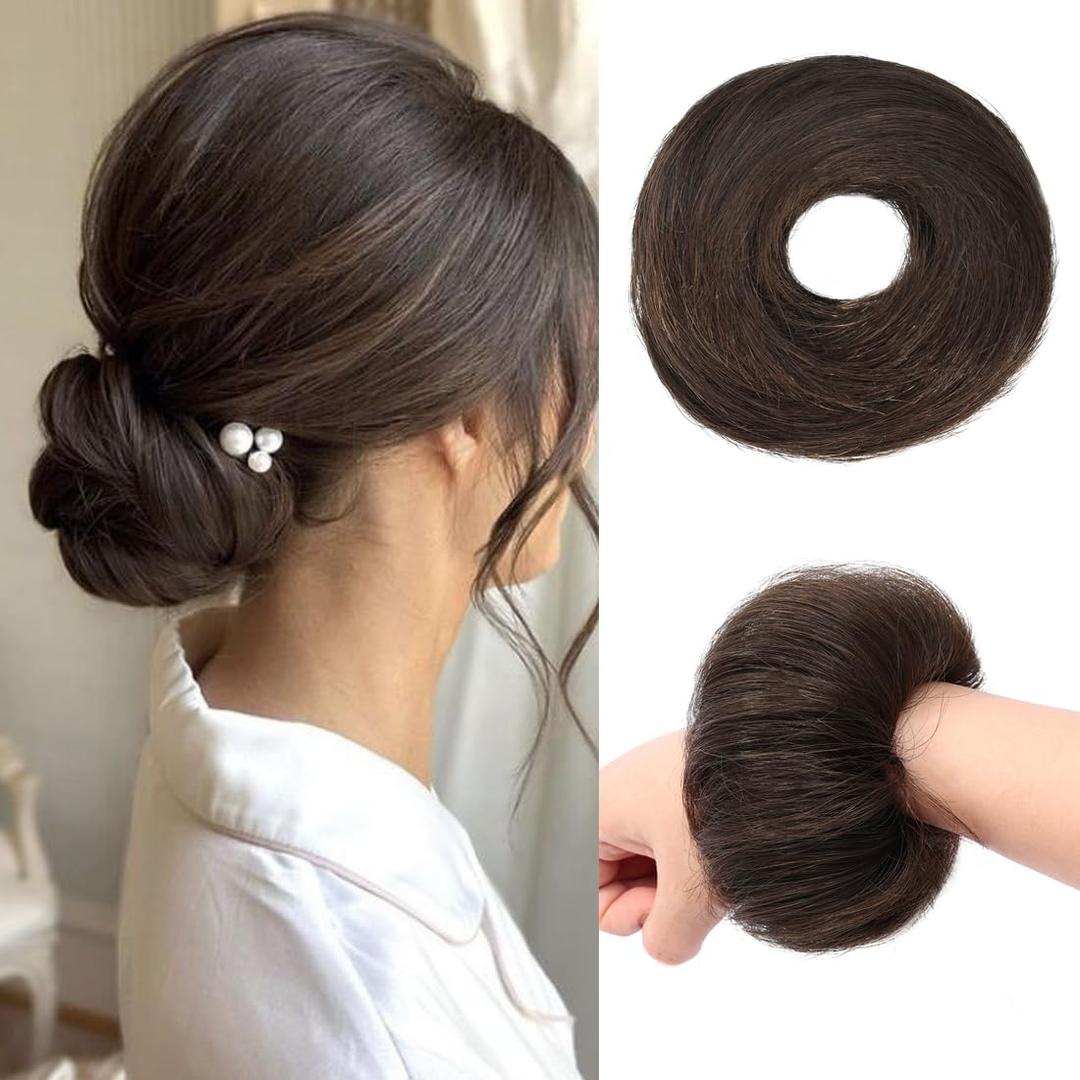 Messy Bun Hair Piece Human Hair for Woman Dark Brown Fake Hair Scrunchie Natural Curly Fluffy Donut Updo Elastic Rubber Band Scrunchie for High Ponytail and Low Chignon Styles#2 (1 Count)