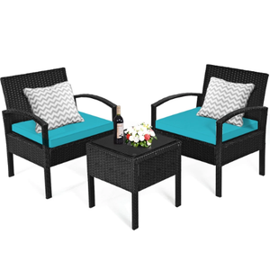 Patiojoy 3PCS Patio Rattan Furniture Set Conversation Sofa Cushioned Turquoise