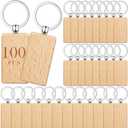 Yinkin 100 Pcs Wooden Keychain Blanks Bulk Laser Engraving Key Chain Unfinished Wooden Key Ring Tag for DIY Gift Crafts (Rectangle)