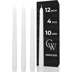CANDWAX 12 inch White Taper Candles - Set of 4 Tapered White Candle Sticks Ideal for Christmas Decor - Unscented Dripless Smokeless Long Burning Tall Candles - Christmas Candlesticks for Home Decor