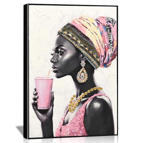 DRLWGTY Framed Wall Art, African Style Elegant Woman Canvas with Handmade Crystals and Gemstones, Large Modern Artwork Ready to Hang for Bedroom Living Room Decor 36"L x 24"W