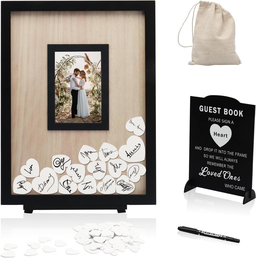 Wedding Guest Book Alternative, Guest Book Wedding Reception, Wedding Guest Book with Wooden Hearts Guest Book Signs for Wedding Anniversary Birthday Party Baby Shower (Black)