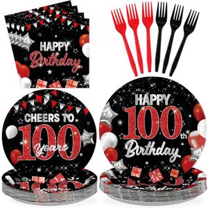 96Pcs Black and Red 100th Birthday Party Decorations, Serves 24