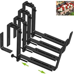 Y&M Window Box Brackets, Heavy Duty Iron Adjustable Planter Flower Box Brackets for Railings, Perfect for Balconies, Fences, and Gardens4 Packs (4p)