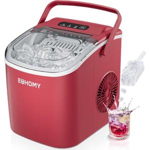 EUHOMY Countertop Ice Maker Machine with Handle, 26lbs Per Day, 9 Ice Cubes Ready in 6 Mins, Auto-Cleaning Portable Ice Maker with Basket and Scoop, for Home/Kitchen/Camping/RV (Red) (11.57"D x 11.42"W x 8.74"H)