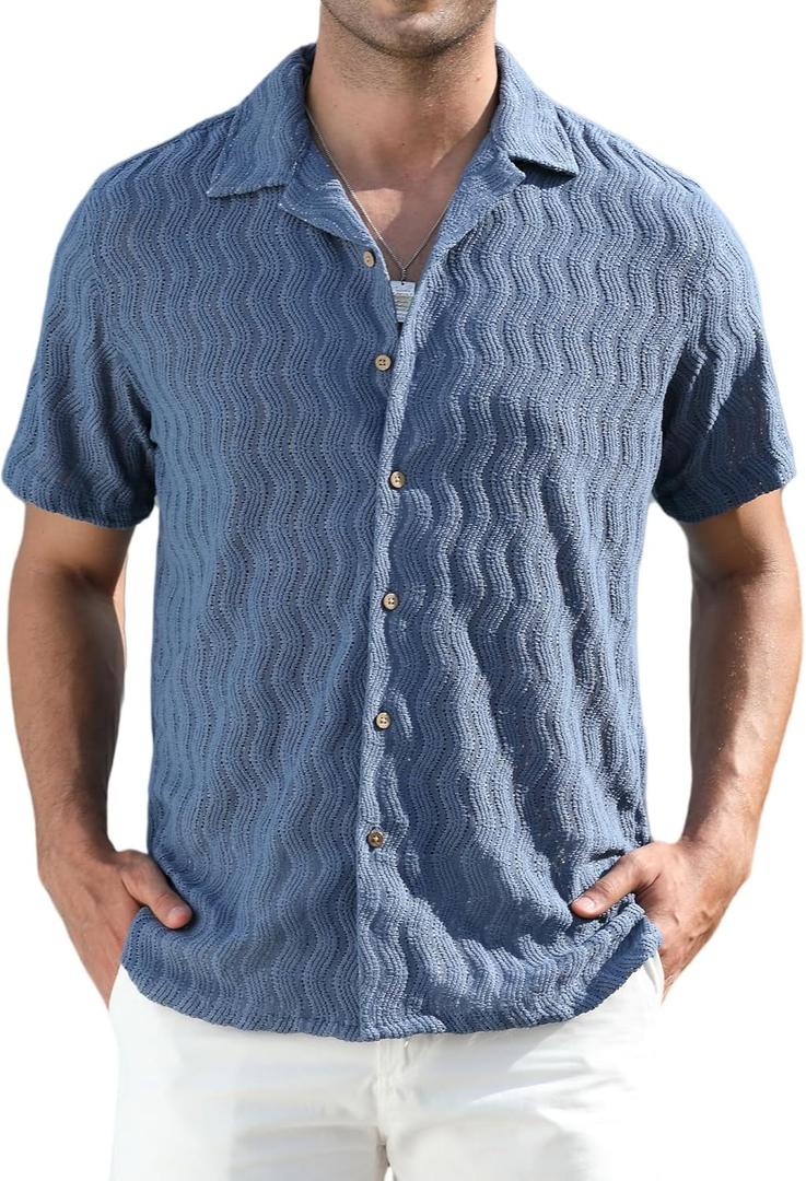 Alex Vando Mens Summer Shirts See Through Sheer Lace Casual Short Sleeve Button Down Beach Shirt (M)