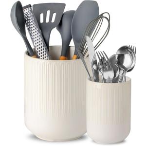 Utensil Holder, Set of 2, Large utensil holder for kitchen counter, 7.3"+5.4" cooking utensil holder for countertop, Kitchen spatula holder for kitchen decor (Modern Farmhouse Color)