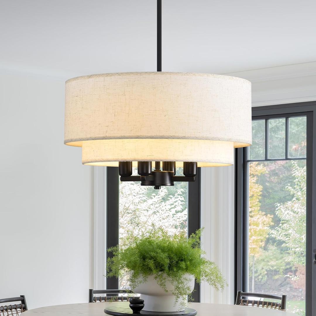 Farmhouse Pendant Light Fixtures, 15.7" Drum Chandeliers with 2-Layer Fabric Shade, 4-Light Hanging Lighting Fixture for Dining Room Kitchen Living Room