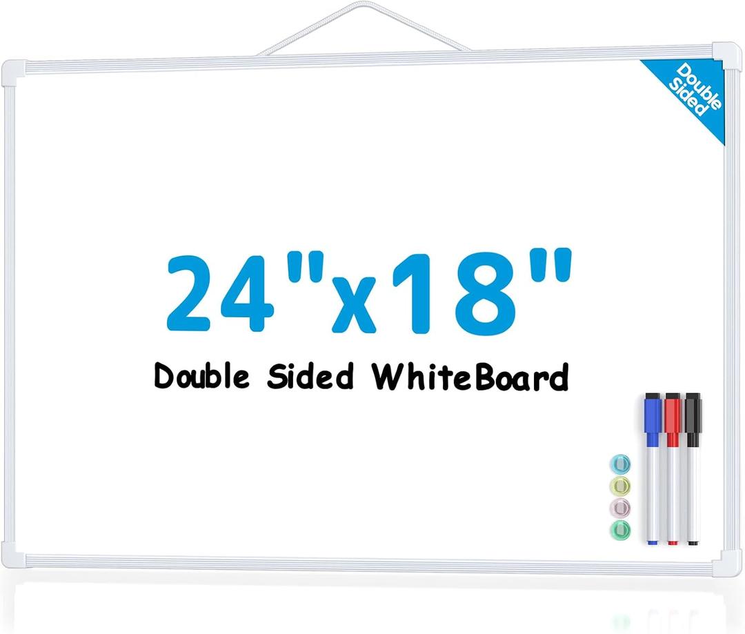 MaxGear White Board for Wall, 24" x 18" Double Sided Dry Erase Board, Magnetic White Board Hanging Whiteboard for Home, School, Office