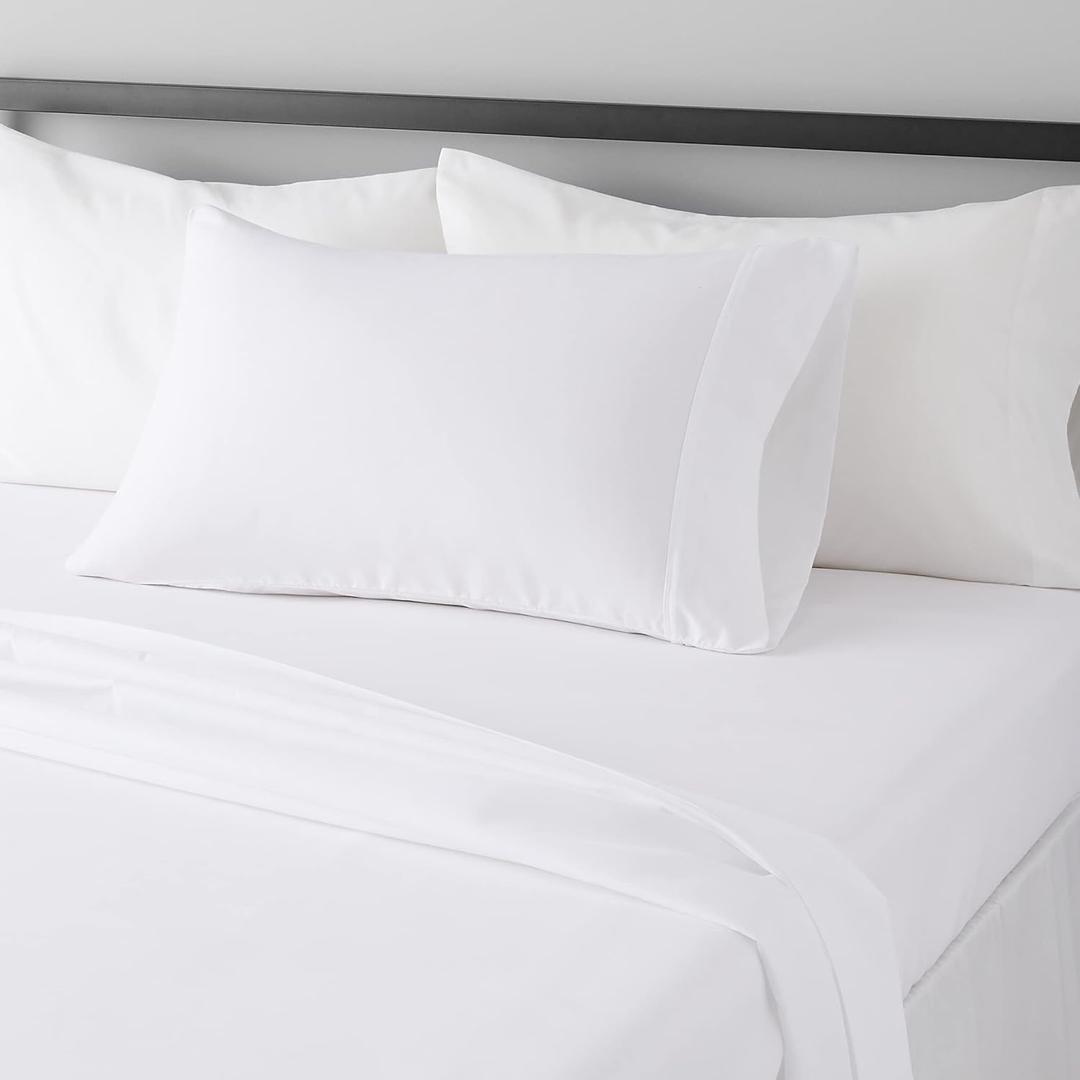 Amazon Basics Lightweight Super Soft Easy Care Wrinkle Free Microfiber 3 Piece Bed Sheet Set with 14-Inch Deep Pockets, Twin, Bright White, Solid, Kids, Men & Women Bedding