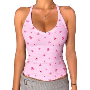 Danysu V Neck Racer Back Tank Top for Women Padded Ribbed Long Tank Fitted Basic Cami Tops (Pink, S)
