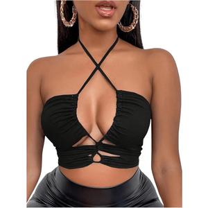 SOLY HUX Women's Cut Out Halter Tops Criss Cross Backless Ruched Party Club Crop Tops, Size S, Black