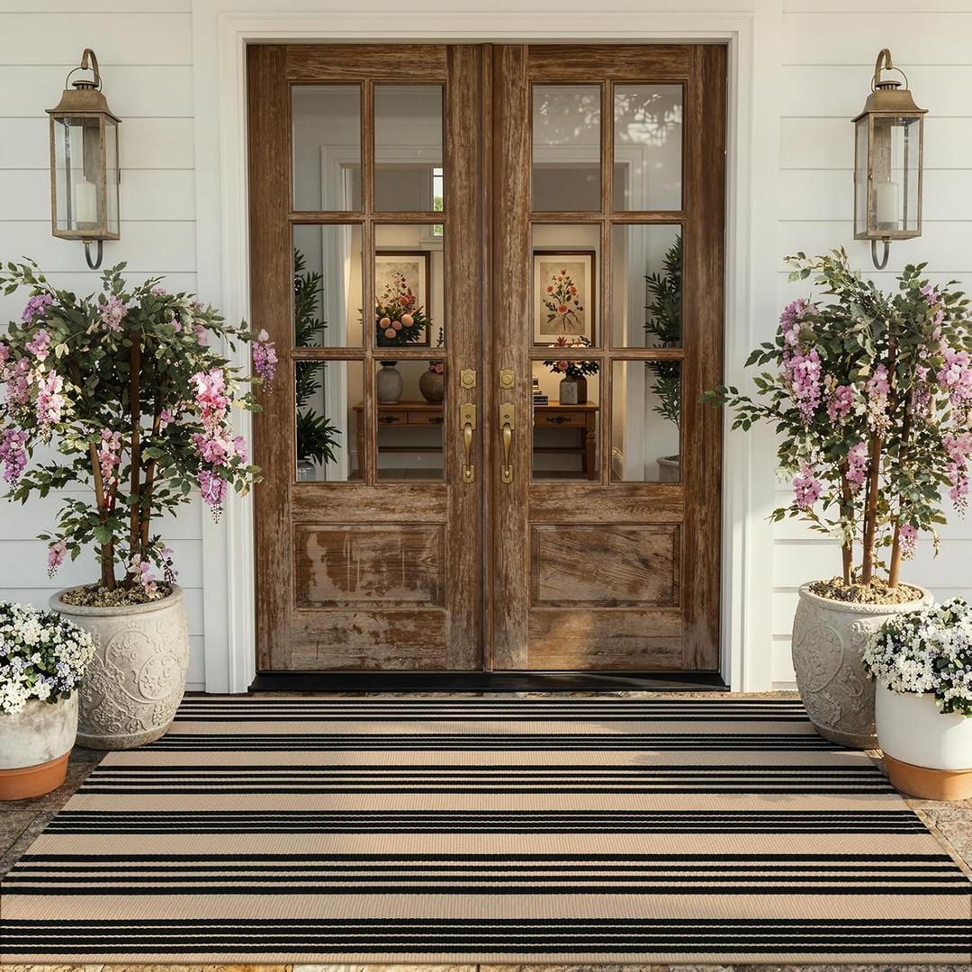 KIMODE Indoor Outdoor Rug 4'x6',Washable Reversible Black and Khaki Striped Rug,Cotton Hand Woven Patio Rug Floor Carpet, Farmhouse Decor Porch Rug for Outdoor Backyard Living Room