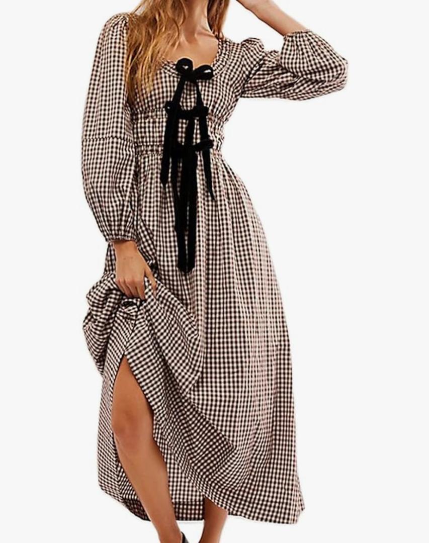 ABYOVRT Women Plaid Maxi Dress Long Puff Sleeve Square Neck Flowy Boho Dress Bow Tie Smocked Fall Dresses, Size Small