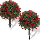 27.5" Artificial Boxwood Topiary Ball Tree, Set of 2 Fake Bushes Shrubs with Ground Spike, UV Resistant Faux Evergreen Boxwood Trees for Front Porch Planters Outdoor Garden Decor