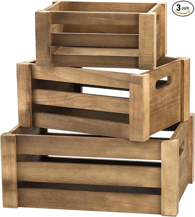Set of 3 Wood Nesting Storage Crates with Handle, Rustic Farmhouse Decorative Wooden Crates Distressed Crates Storage Container for Display, Large Vintage Wood Decor Crates Wooden Baskets
