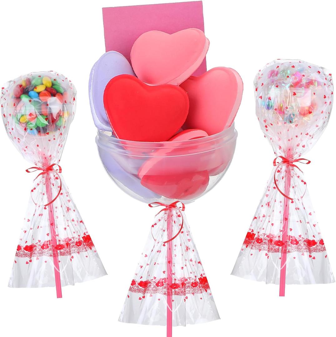 12 Pack Valentine's Day Exchange Gifts Valentine's Lollipop Gifts with Heart Treat Bags Heart Straws Giant Plastic Bowls Goody Bag Fillers for Valentines Party Prizes