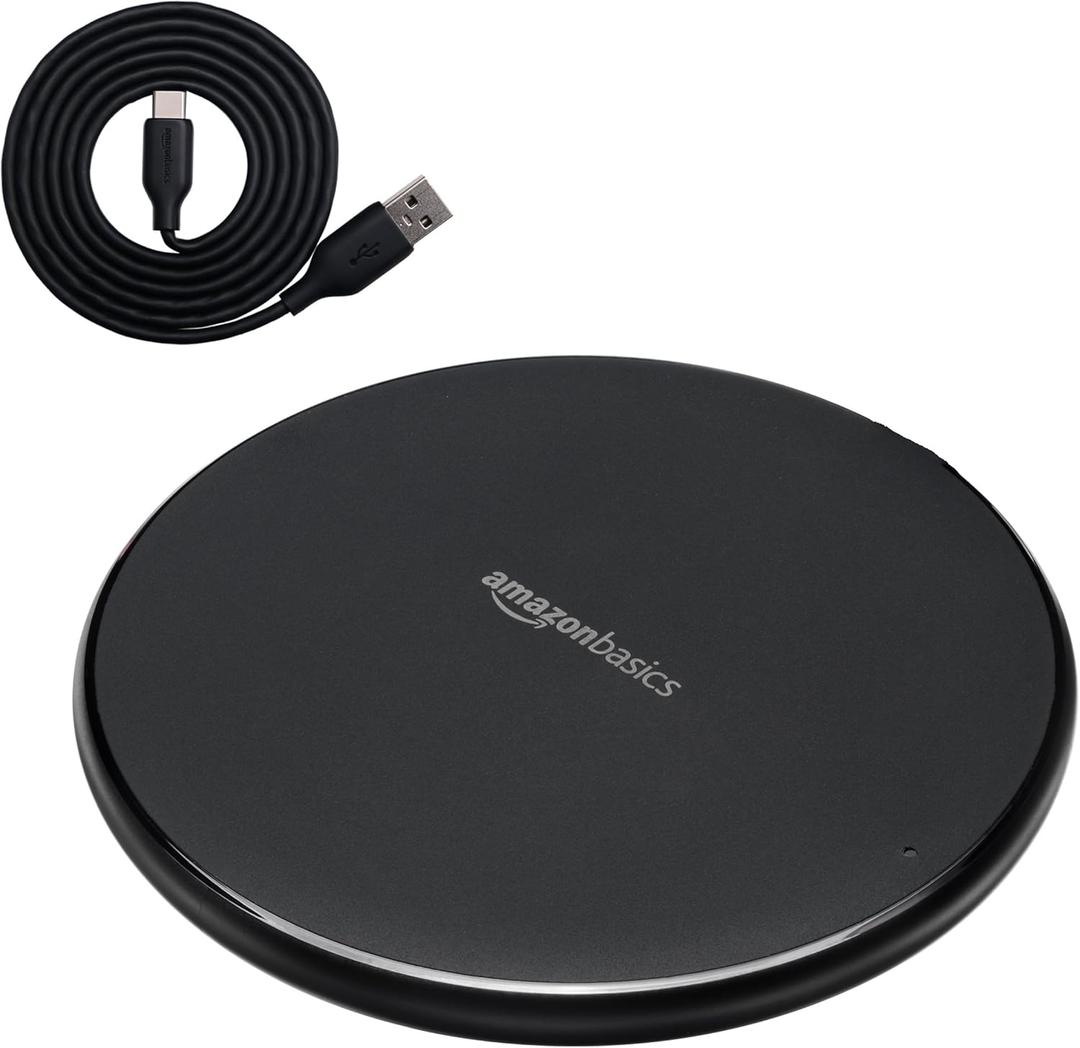 Amazon Basics 15W Qi Certified Wireless Charging Pad for iPhone 16/15/14/13/12/11/X, Samsung and More, with USB Cable, Black