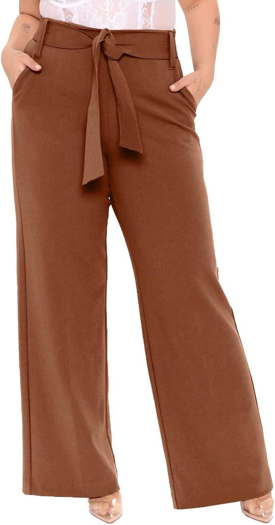 Eytino Womens Plus Size Stretch Dress Pants Comfy Wide Leg Belted Lounge Pants for Office, 1X-5X (Brown, XL)