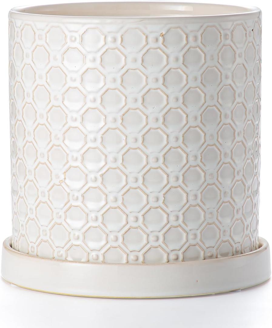 8 Inch Plant Pot: Ceramic Planter with Drainage Hole & Saucer Indoor Outdoor Plants - Cylinder Round Flower Pot for Home Office - Modern Decorative - Medium White