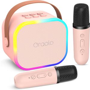 Oraolo Karaoke Machine with 2 Wireless Microphones, Portable Mini Karaoke for Kids, Funny Magical Sound Modes, Speaker Support Multi-Channel Connection, Birthday Gifts for Girls Boys