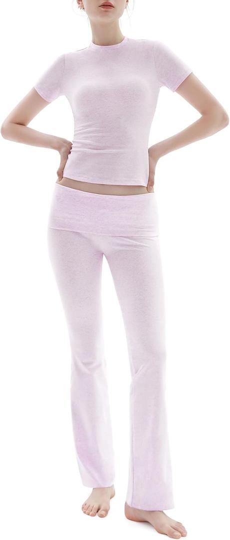 PUMIEY Women's 2 Piece Lounge Sets Short Sleeve Tops Fold-Over Flare Pants Casual Outfits Matching Set Nap Collection (Heather Pop), S