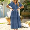Simplee Womens Summer Denim Dress Casual Short Sleeve V Neck Empire Waist Boho Flowy Western Jean Maxi Dresses with Pockets (S)