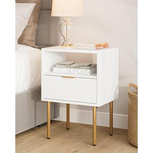 Masupu Nightstand,Mid-Century Modern Bedside Table with Storage Drawer and Open Wood Shelf,Small Gold Frame Side Table for Bedroom,Living Room,White