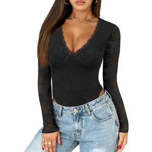 Saslax Women's Lace Bodysuit Sexy Deep V Neck Long Sleeve Body Suits Thong Slim Fit Double Lined Y2K Going Out Tops (Large, Black)