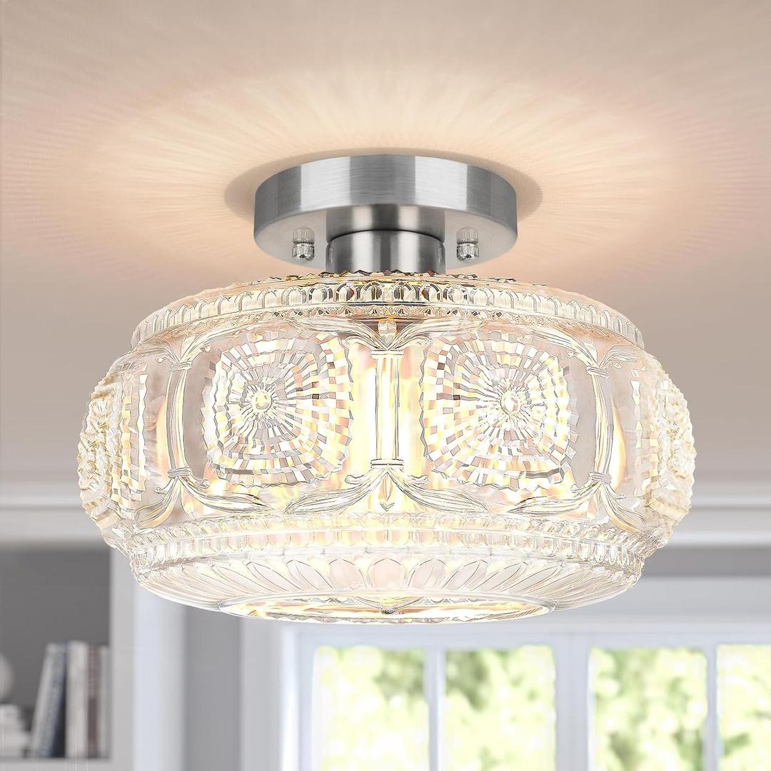 Semi Flush Mount Ceiling Light, Upgraded Larger Brushed Nickel Glass Ceiling Light Fixture, Vintage Lighting for Hallway Kitchen Bedroom Dining Room, Bulb Not Included, 11.03 inch