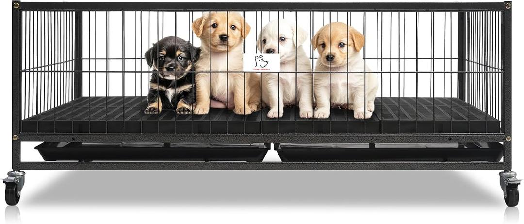 Homey Pet 43" Dog Whelping Box for Puppies, Heavy Duty Metal Whelping Box for Small Breed Dogs with Washable Plastic Floor, Removable Tray and Four Lockable Wheels