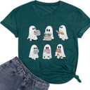 Halloween Teacher Shirts for Women Reading Books T-Shirt Funny Teacher Librarian Halloween Party Tee Tops (S, Dark Green)