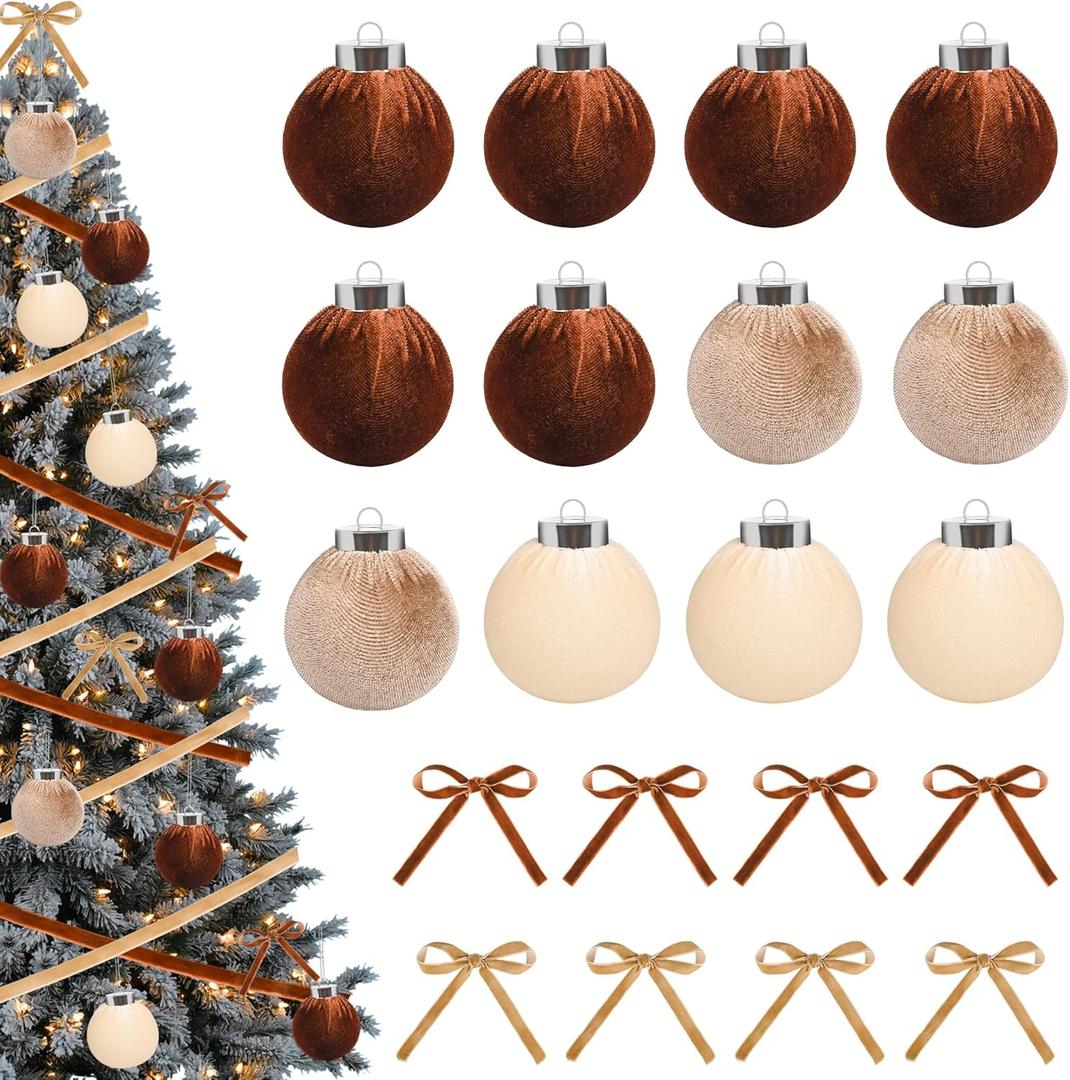 12Pcs Velvet Christmas Balls Ornaments and Ribbon Bows 2.4 Inch Flocked Xmas Tree Hanging Decorations for Holiday Party Wedding Brown Khaki Beige