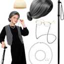 100 Days of School Old Lady Grandma Costume Accessories Set with Wig, Glasses, Cane & Faux Pearl Set