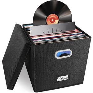 Vinyl Record Storage Box for 50+ Single LPs (12-Inch), Stackable Albums Linen Crate with Lid, Collapsible Play Music Collection Holder, Document File Folder Cabinet Organizer Case with Handle (1pack, Black)